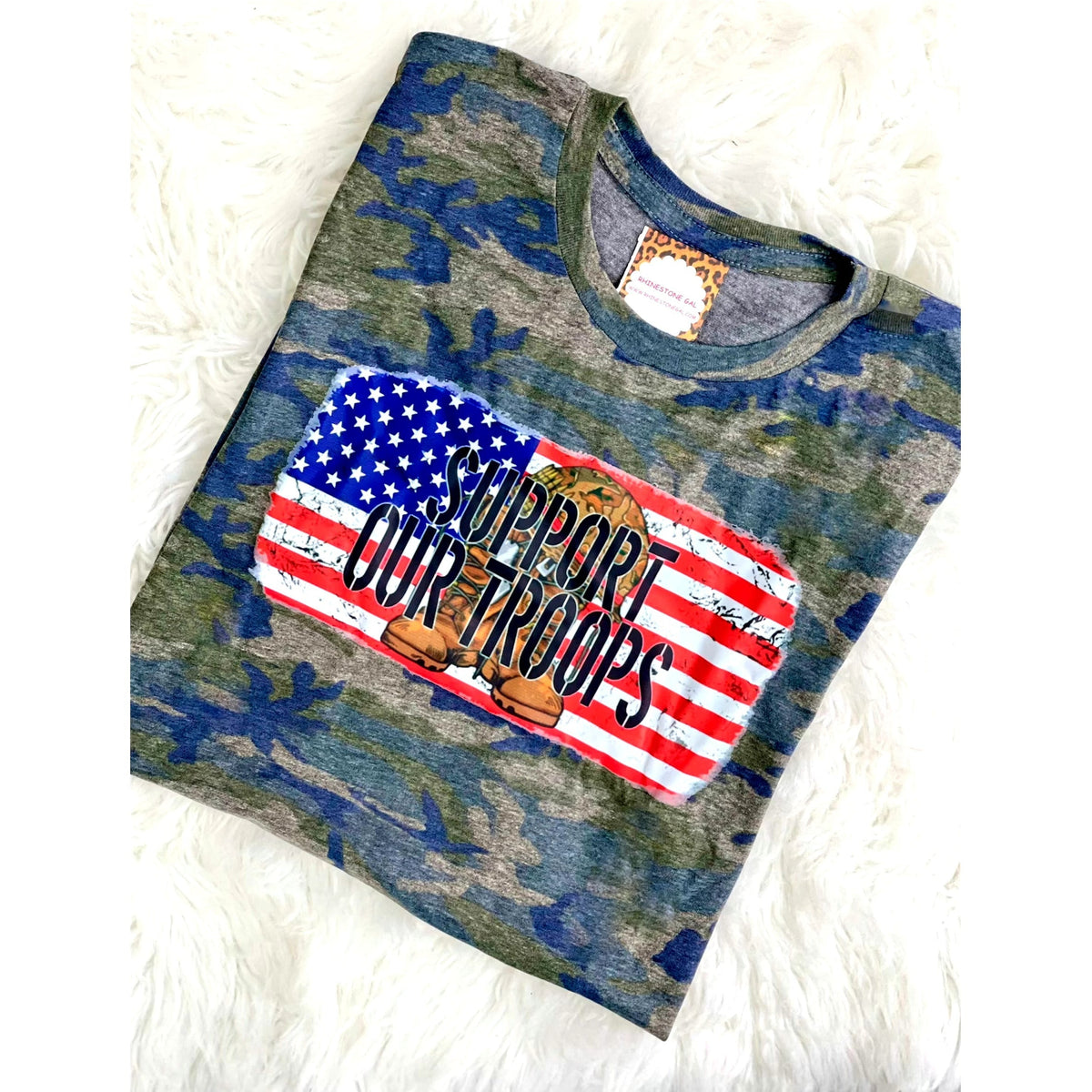 Support Our Troops Camo Flag Tee with Combat Boots - Rhinestone Gal