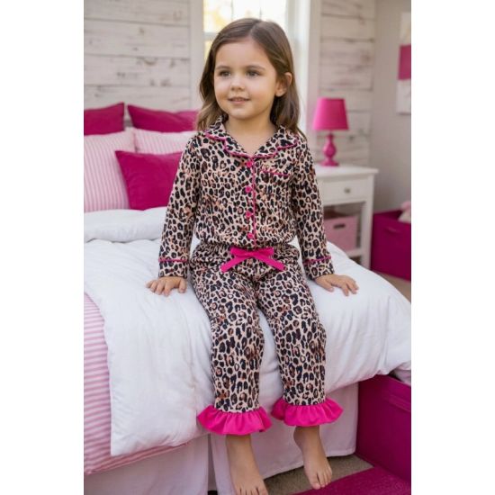 Girls Leopard Fuchsia Ruffle Pajama Set
