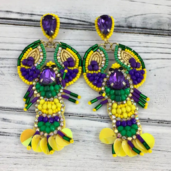Mardi Gras Purple Green Gold Beaded Crawfish Earrings