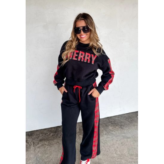 Black “Merry” Plaid Sweatsuit Set
