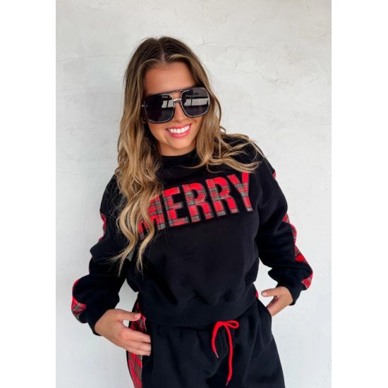 Black “Merry” Plaid Sweatsuit Set