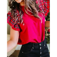Racing Red Plaid Pearl Ruffle Sleeve Top – Holiday Statement Tee