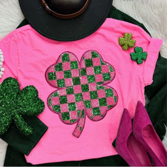 Neon Pink Checkered Shamrock Sequin Patch Tee