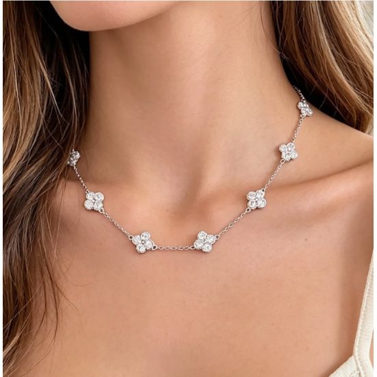 Silver Bejeweled Clover Charm Necklace