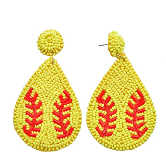 Softball Teardrop Seed Bead Earrings - Rhinestone Gal