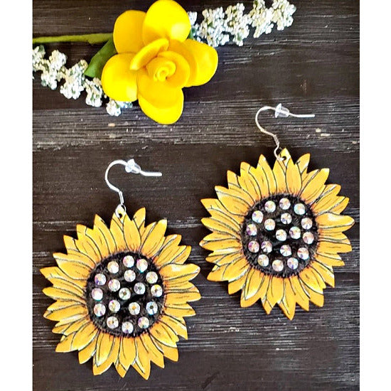 Sunflower Leather Earrings with Rhinestone Center - Rhinestone Gal