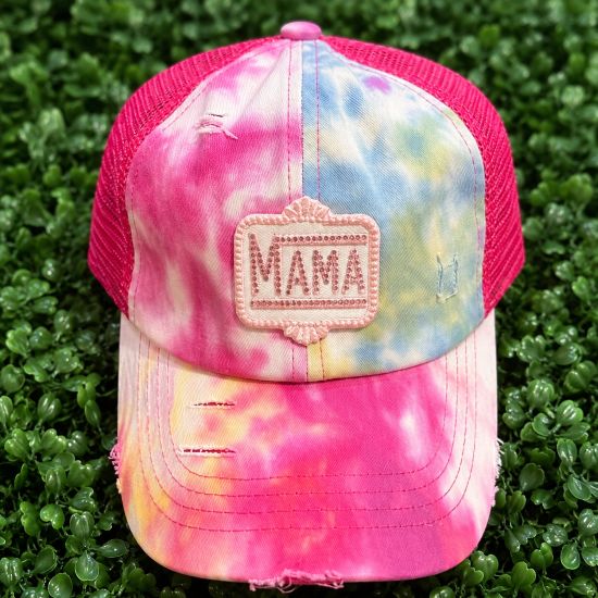 Tie-Dye Rhinestone Mama Criss Cross Ponytail Trucker Cap