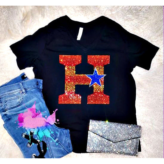 Astros H Rhinestone V Neck Tee - Rhinestone Gal