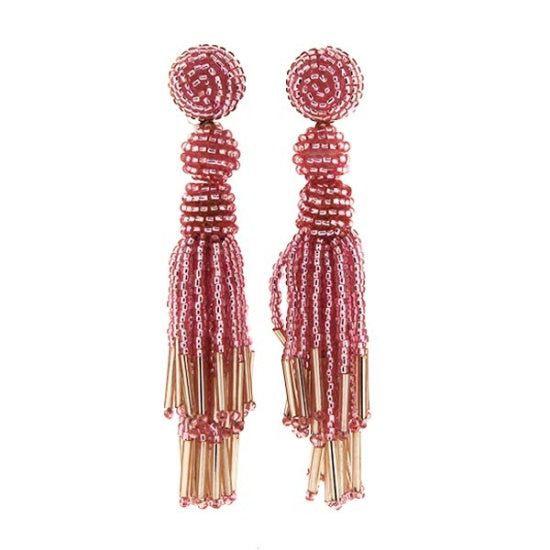 Pink Seed Bead Tassel Earrings