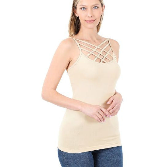 Taupe Strappy Criss Cross Cami - Rhinestone Gal