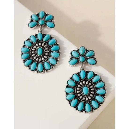 Turquoise Concho Natural Gem Stone Post Dangling Earrings