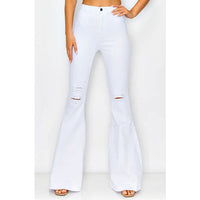 White Distressed High Waist Bell Pants Plus sz - Rhinestone Gal