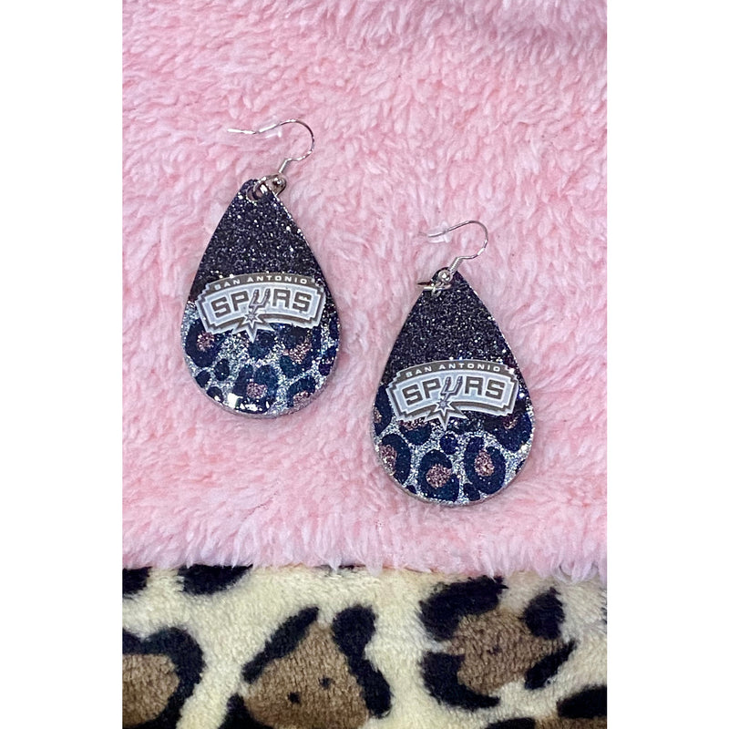 Black and Leopard Glitter Acrylic Earrings with San Antonio Spurs Logo