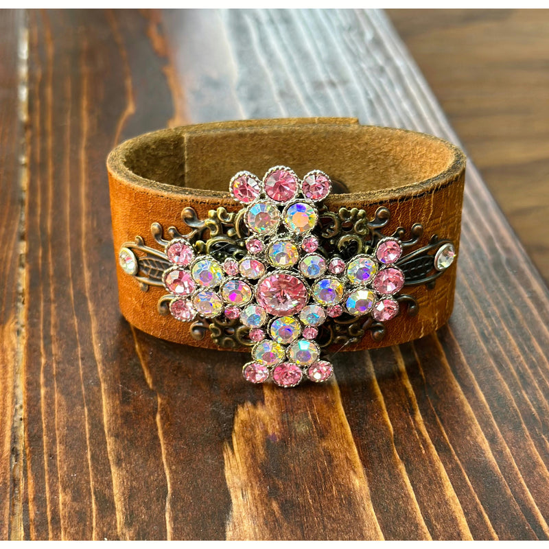 Leather Cuff  with Pink and AB Decorative Brooch Cross