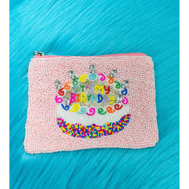 It's My Birthday Seed Bead Pink Coin Pouch