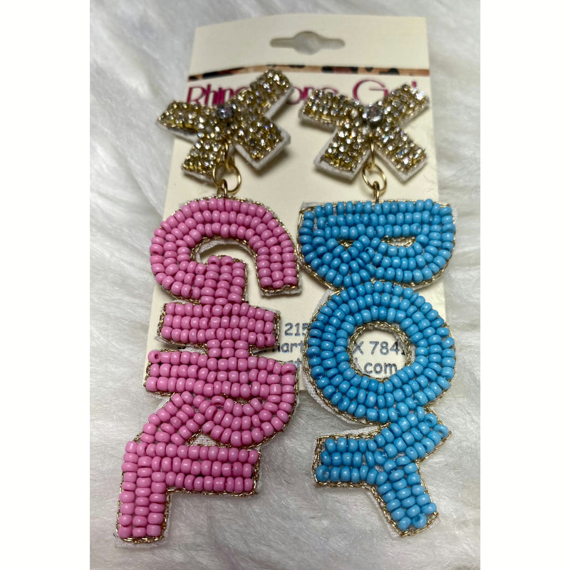 Boy Girl Gender Reveal Seed Bead Earrings - Rhinestone Gal