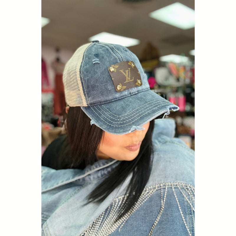 Denim Distressed Trucker Cap with Upcycled LV Patch