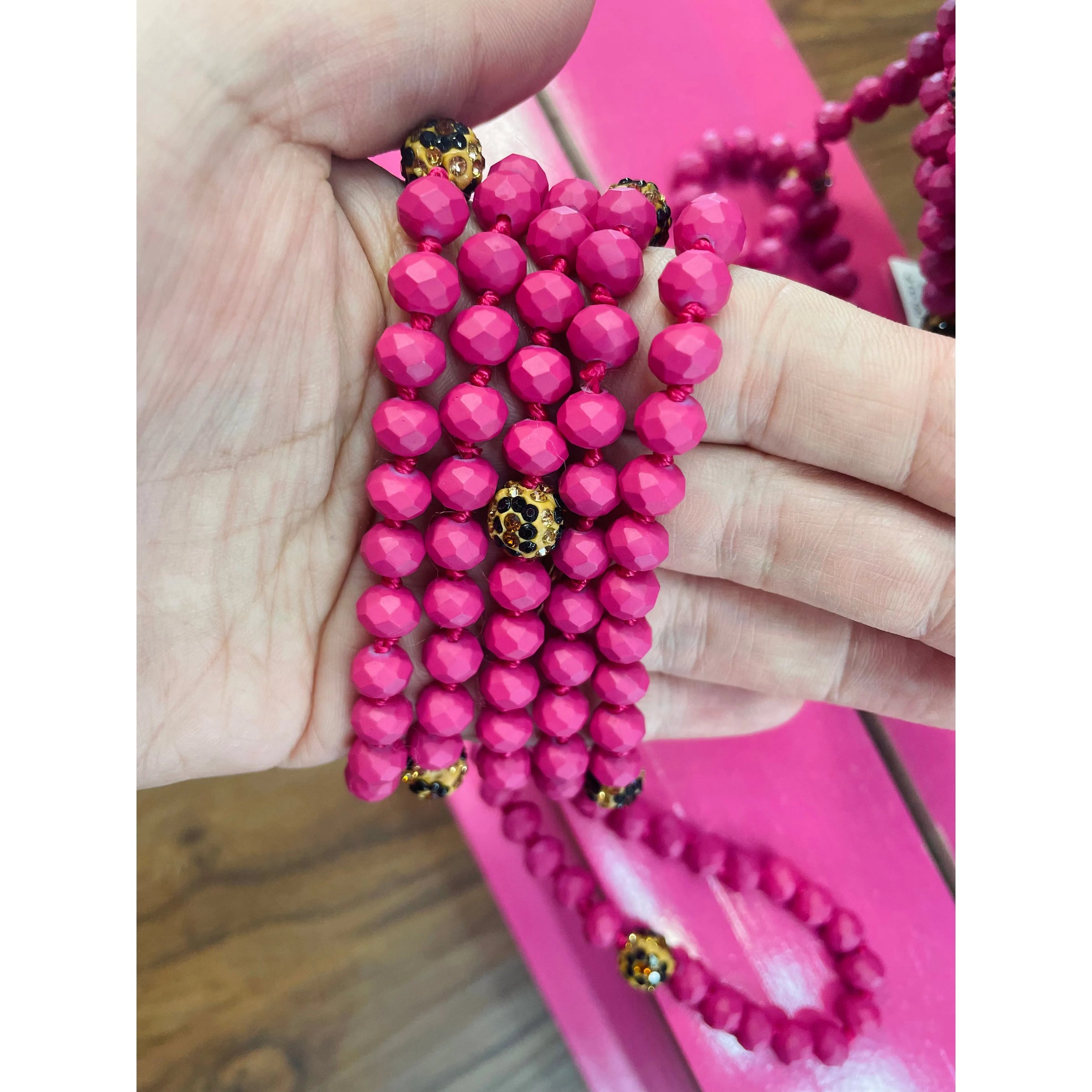 Long Matte Pink Beaded Necklace with Leopard Gem Beads