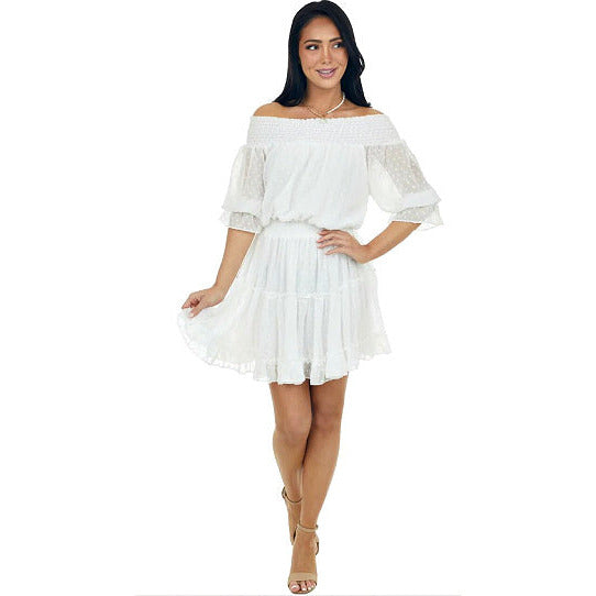 Ivory Swiss Dot Dress - Rhinestone Gal